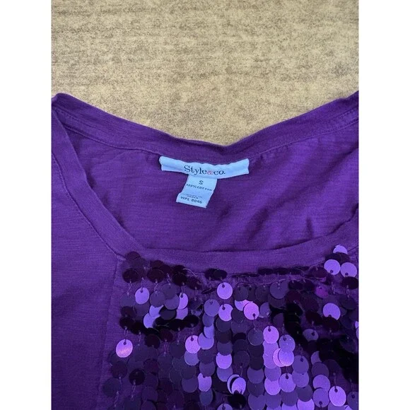 Style & Co. long, ruched-sleeved purple top‎ with sequins Size Small - Picture 4 of 6